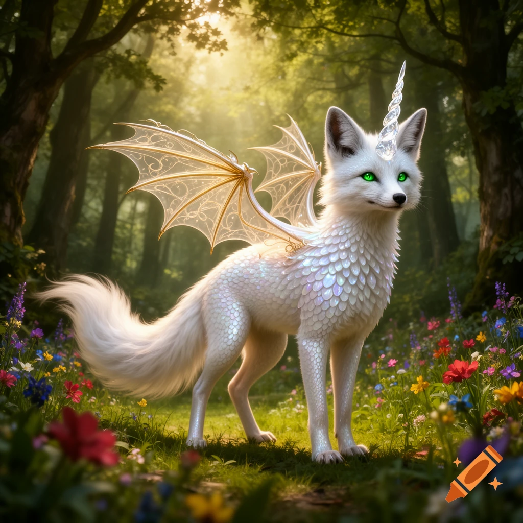 A majestic white fox with iridescent scales, delicate dragon wings, and a unicorn horn stands in a sunlit forest clearing amidst wildflowers.