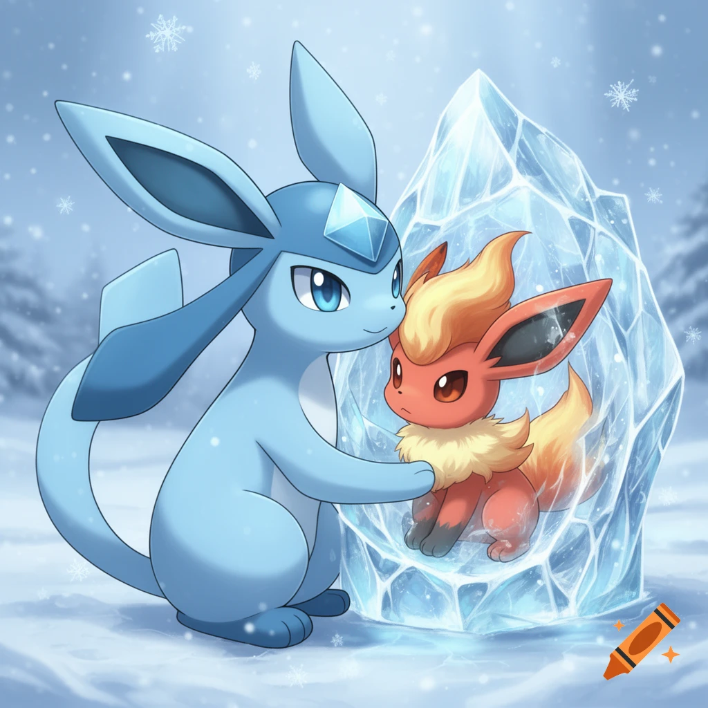 A blue Glaceon cuddles a small red Flareon encased in a block of ice in a snowy landscape, snowflakes falling.