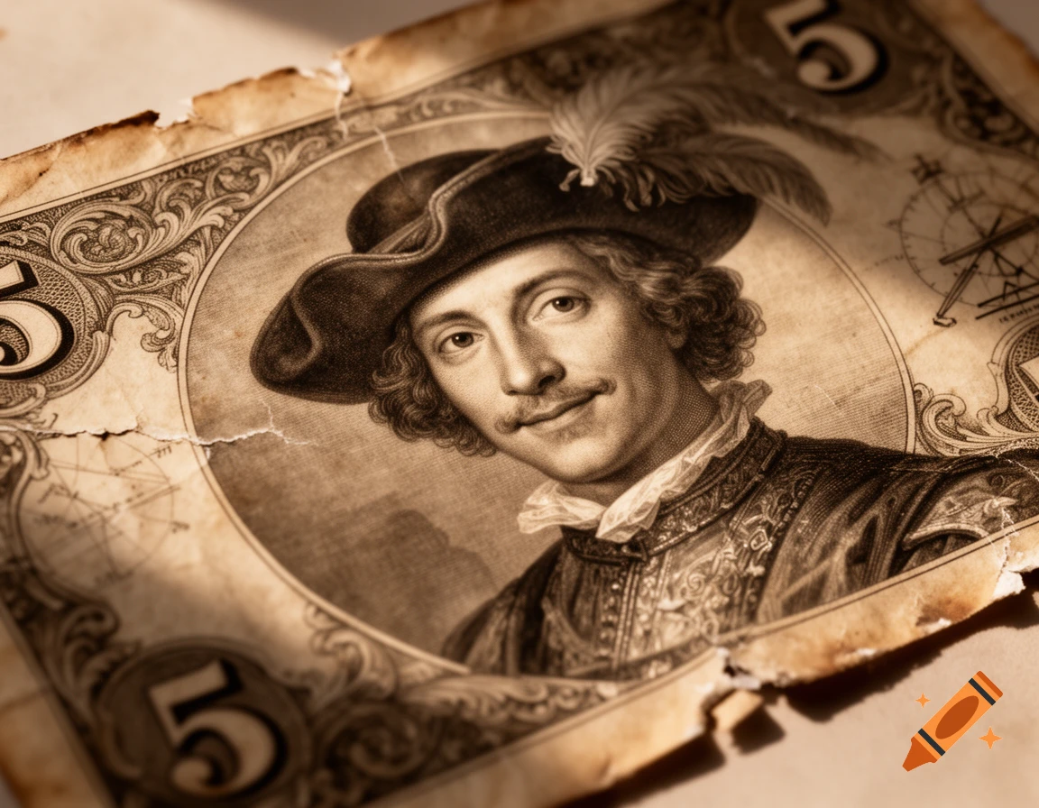 A sepia-toned, aged banknote with a portrait of a man in historical attire and a feathered hat, showing the number '5'.