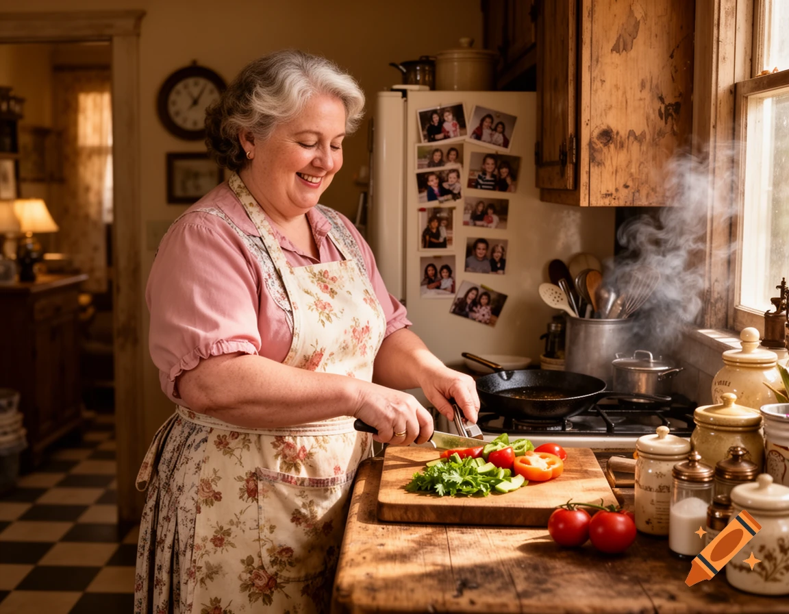 A smiling older woman in a pink shirt and floral apron chops vegetables on a wooden cutting board in a rustic kitchen.