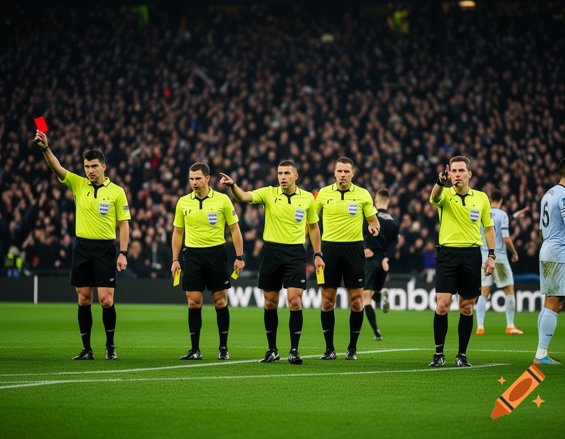 Five football referees in yellow shirts and black shorts stand on a green pitch during a game, one raising a red card, two holding yellow cards, with a blurred stadium crowd in the background.