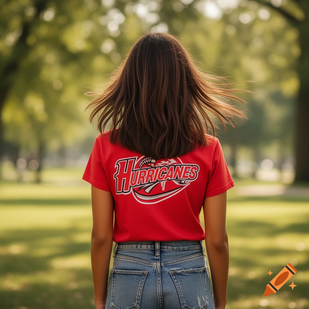 A person with brown hair stands facing away, wearing a red t-shirt with "HURRICANES" and blue jeans in a park. Photorealistic.