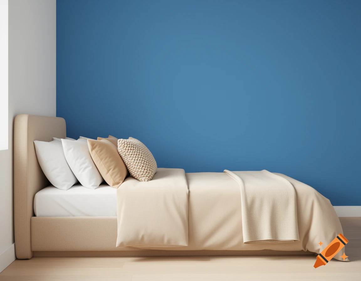 A neat beige bed with white and beige pillows, light duvet, and blanket against a blue wall. Photorealistic interior.