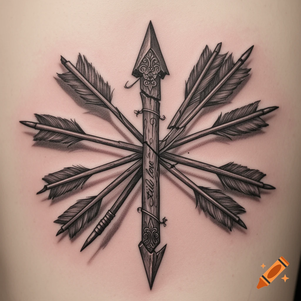 A black and white tattoo of a central wooden arrow, carved and adorned, surrounded by eight other arrows. The central arrow reads "still love".