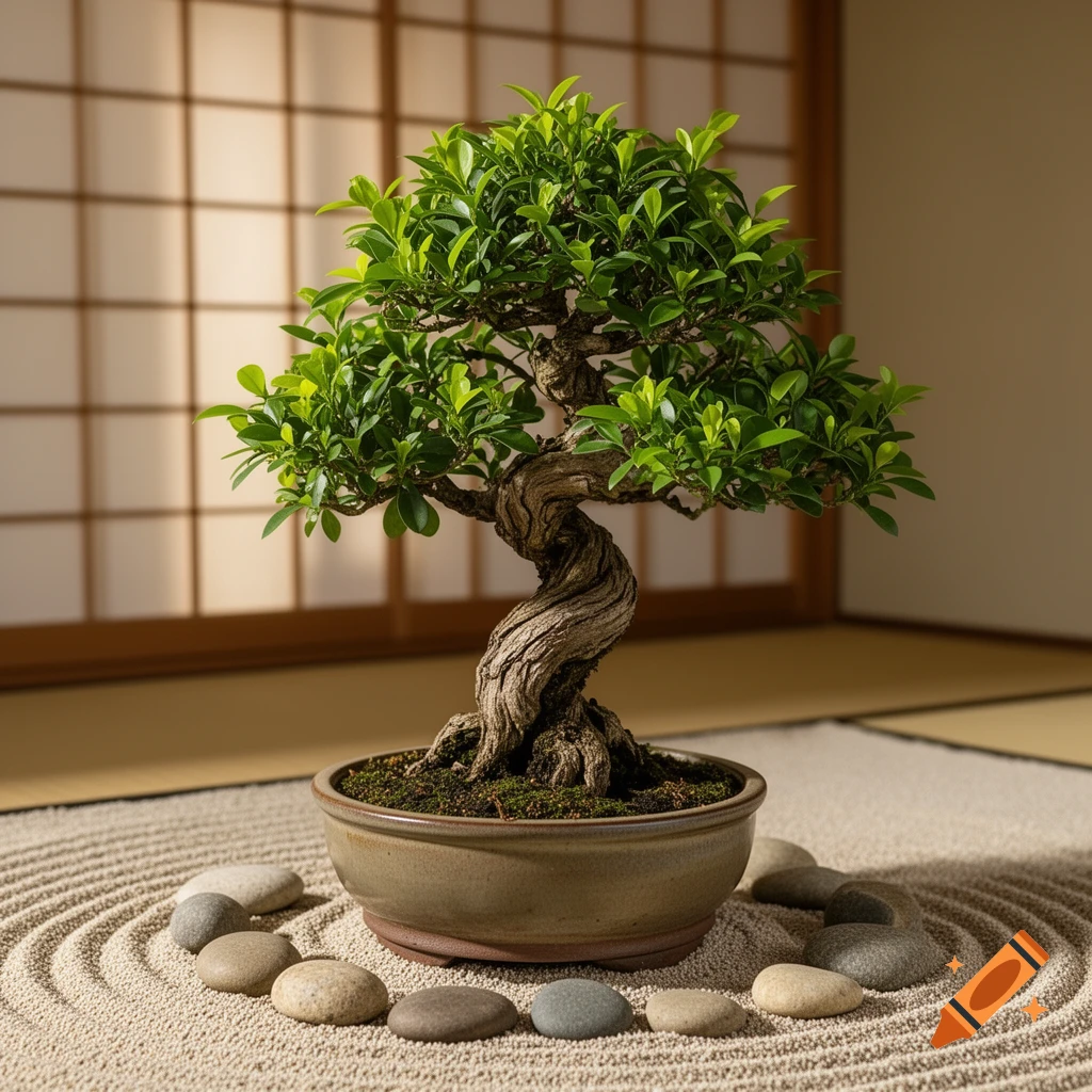 A beautiful bonsai tree with green leaves in a brown pot, surrounded by raked sand and smooth stones, set against a traditional Japanese shoji screen.