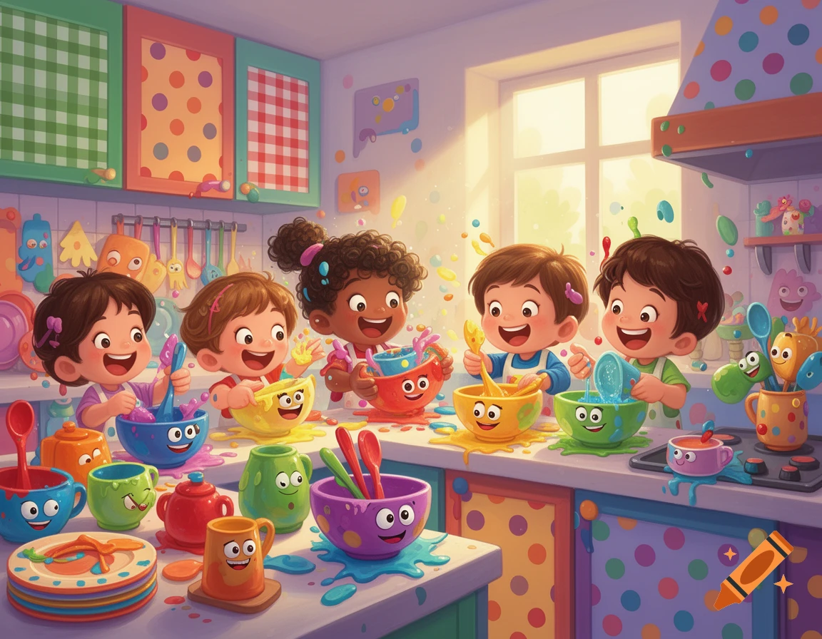 Five happy children play with colorful liquids and make a cheerful mess in a vibrant, polka-dotted kitchen illustration.