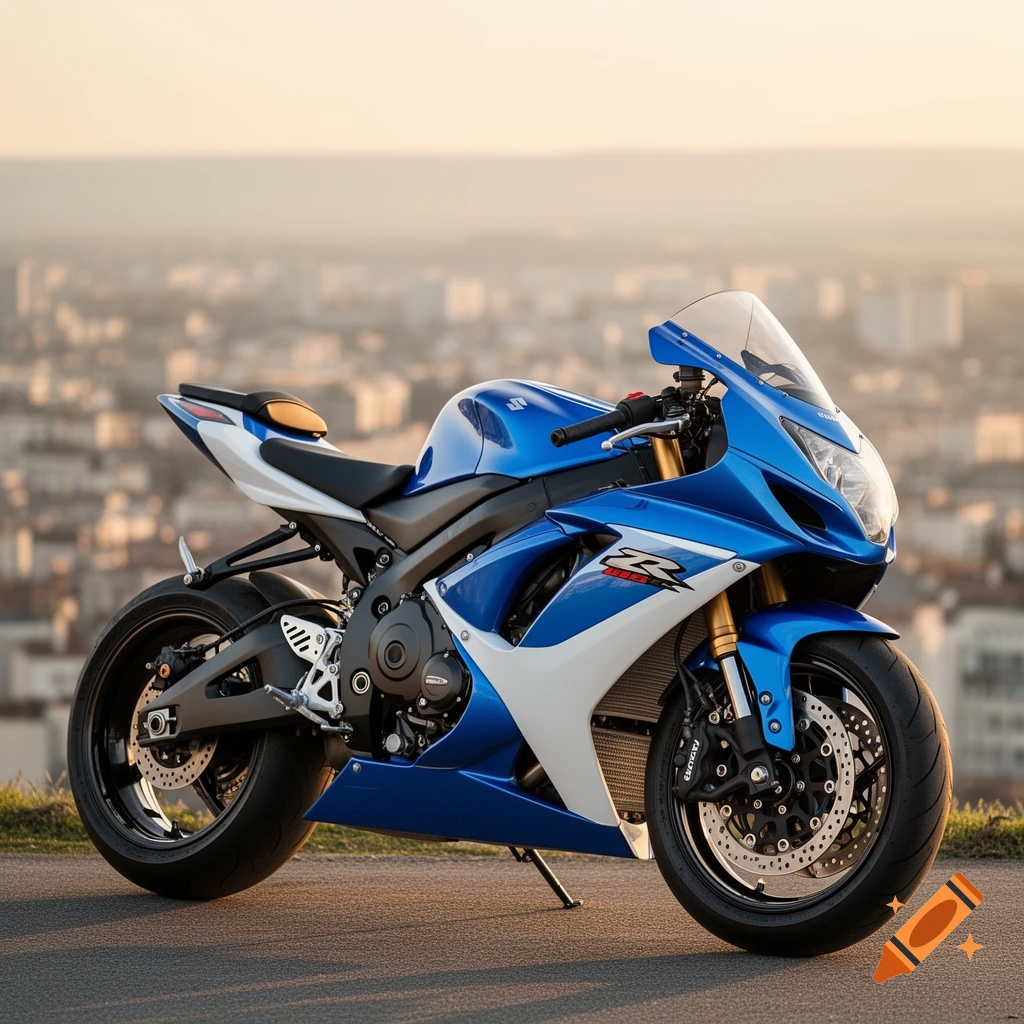 A blue and white Suzuki GSX-R sportbike motorcycle parked on an asphalt road with a blurred city skyline in the background during sunset.