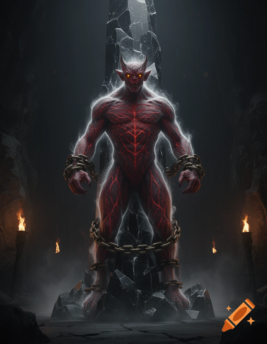 A powerful, red-skinned demon with glowing eyes, chained to a jagged obsidian pillar in a dark, smoky cavern with torches.