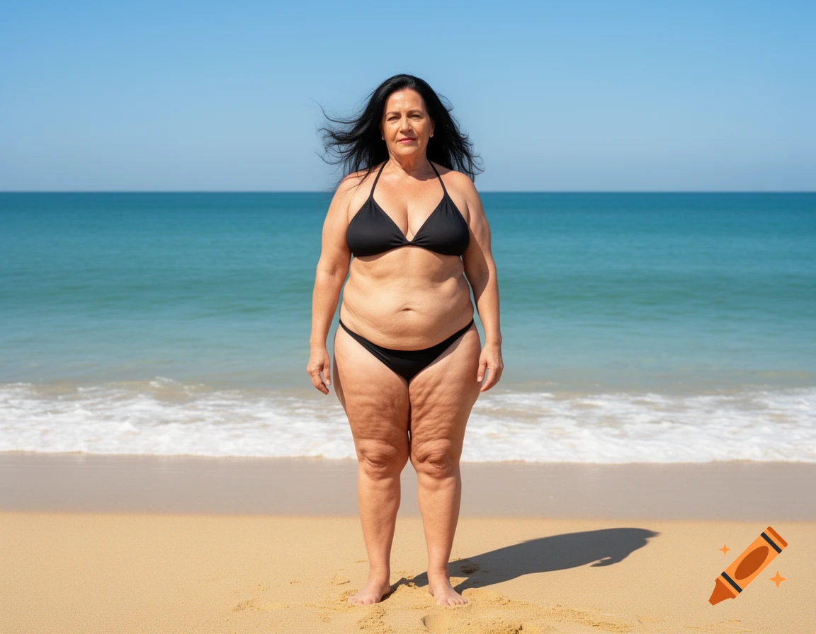 A black-haired woman in a black bikini stands on a sandy beach with the ocean behind her.