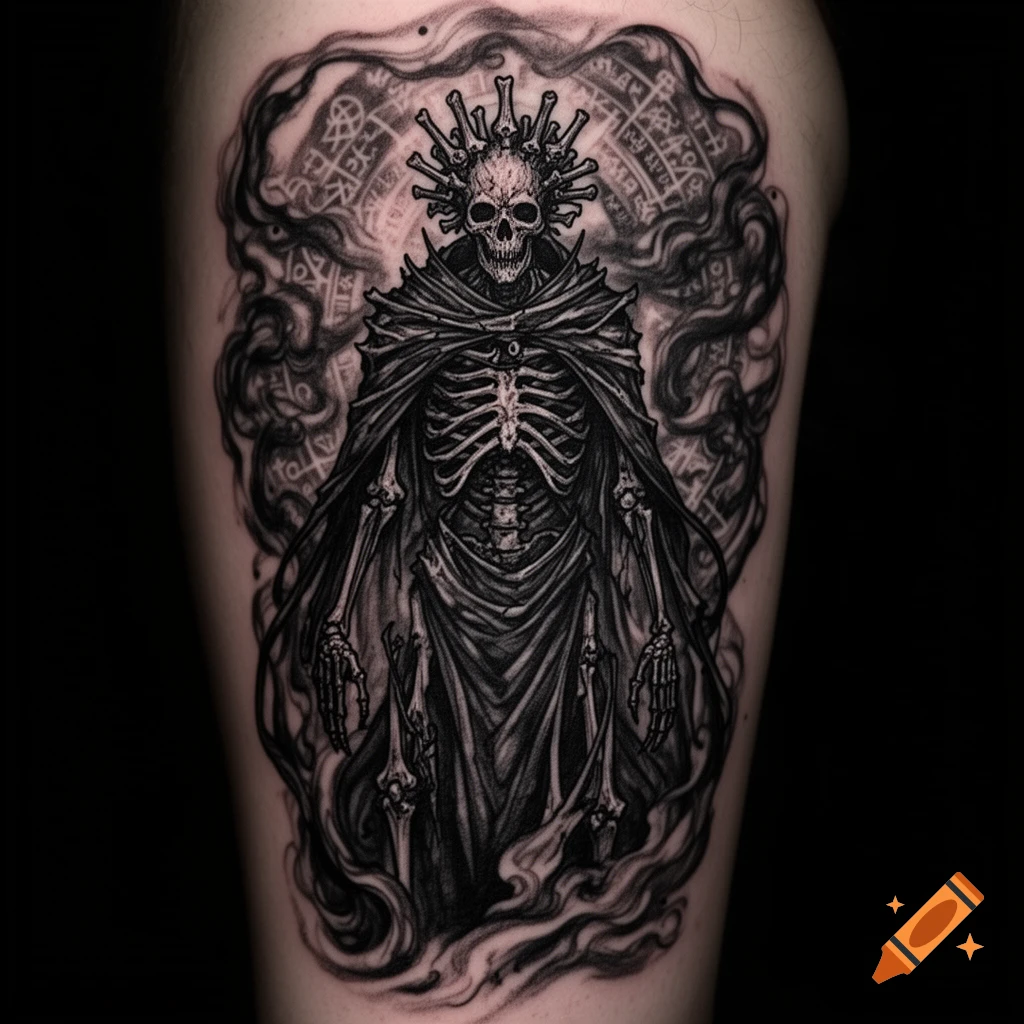 Detailed blackwork tattoo of a skeletal figure (Nitoh from Dark Souls) with a bone crown and cloak, amidst smoke and symbols.