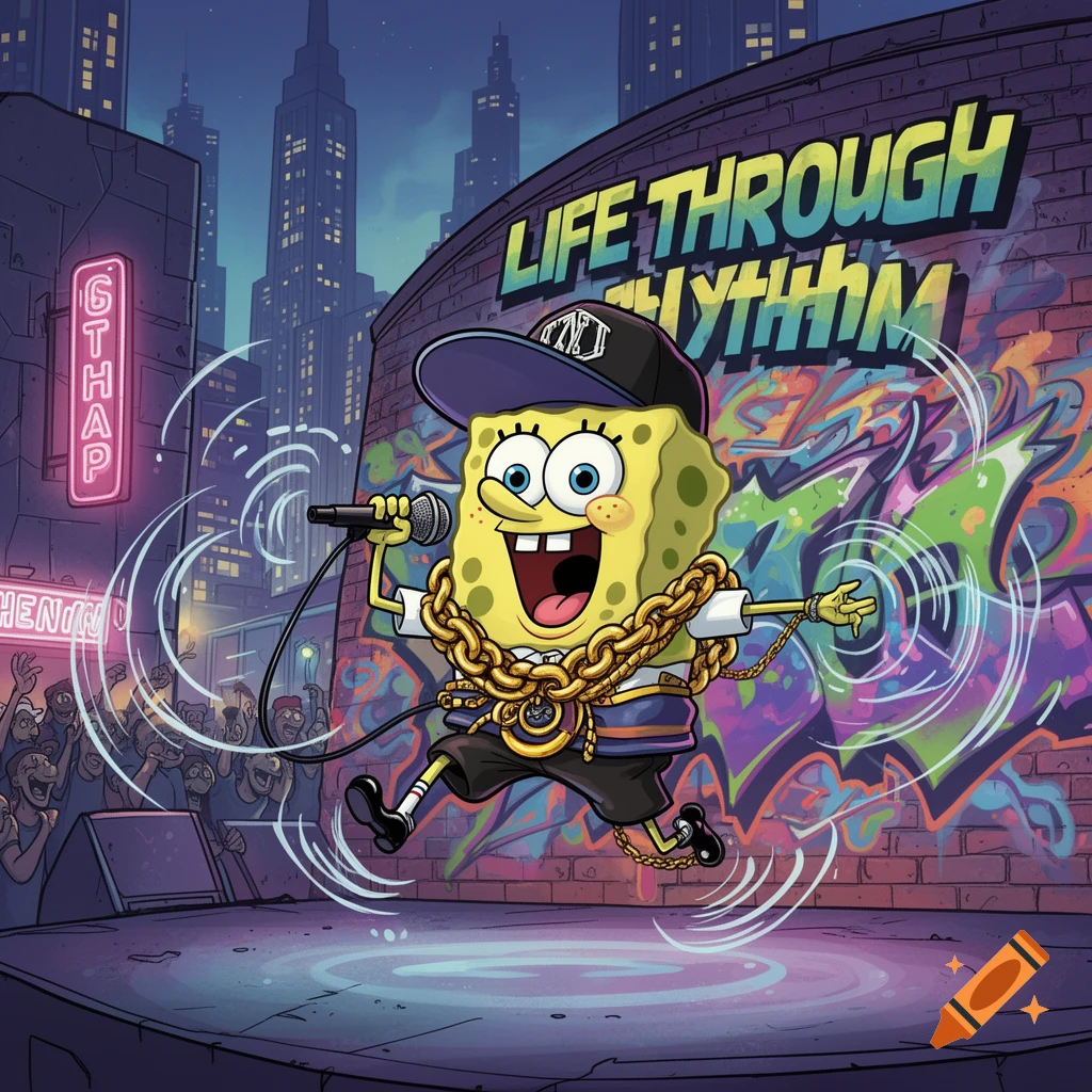 Spongebob rapping on a stage in an urban alley, wearing a backward cap and gold chains, with graffiti and neon signs in the background.
