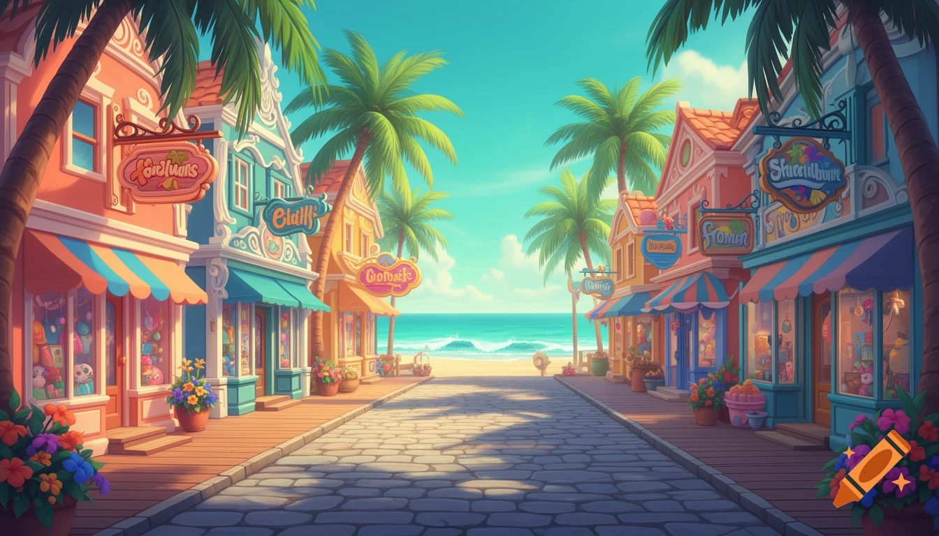 Bright cartoon illustration of a tropical beachside town with colorful shops lining a cobblestone street leading to a sunny beach and ocean.