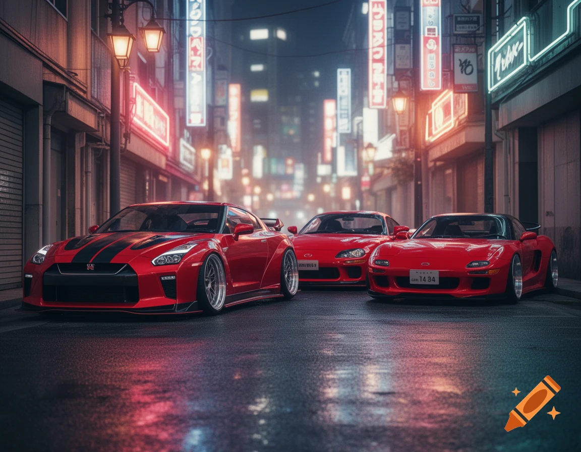 Three red Japanese sports cars, including a Nissan GT-R and two Mazda RX-7s, parked on a wet city street at night with neon signs.