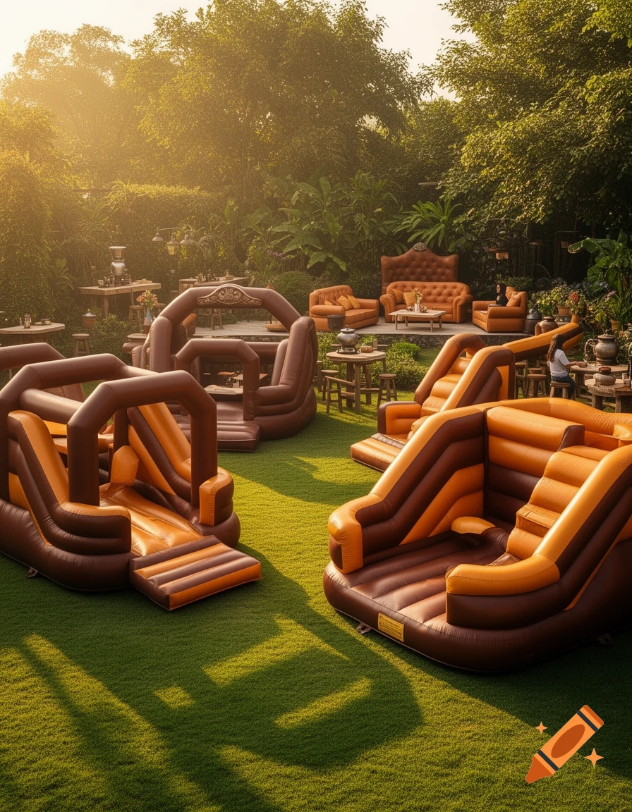 An outdoor garden party setup with several brown and orange inflatable bouncy castles on green grass, surrounded by trees and elegant outdoor furniture. Golden hour lighting.