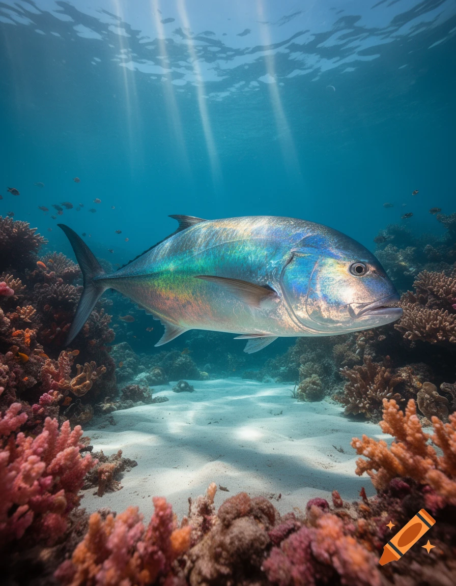 A large, iridescent fish swims over a sandy ocean floor amidst vibrant coral, with sunbeams filtering through the clear blue water.