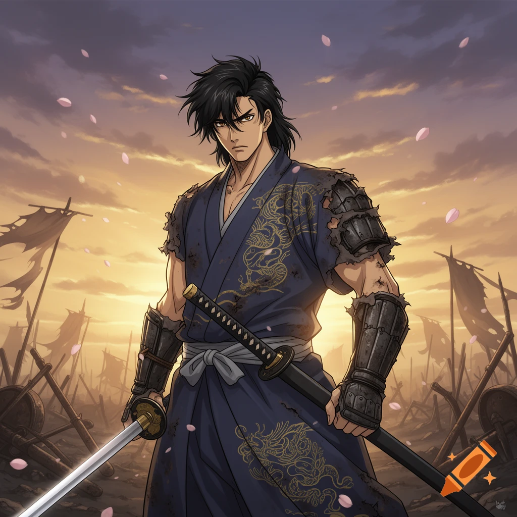 A 90s anime-style battle-worn samurai with black hair stands on a war-torn field at sunset, holding two katanas, with falling cherry blossoms.