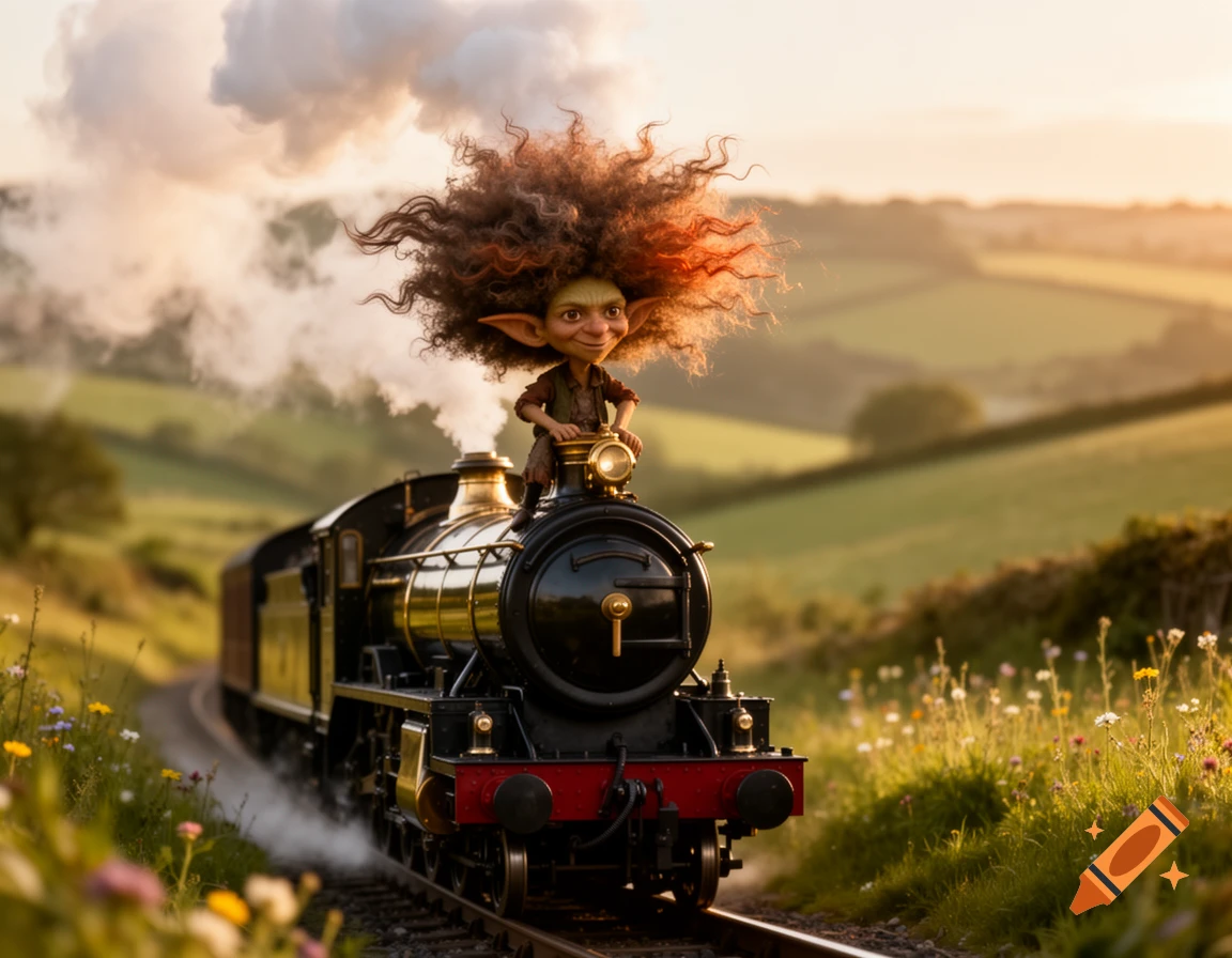 A whimsical goblin with an afro rides a steam engine train through a lush, green countryside at sunset.