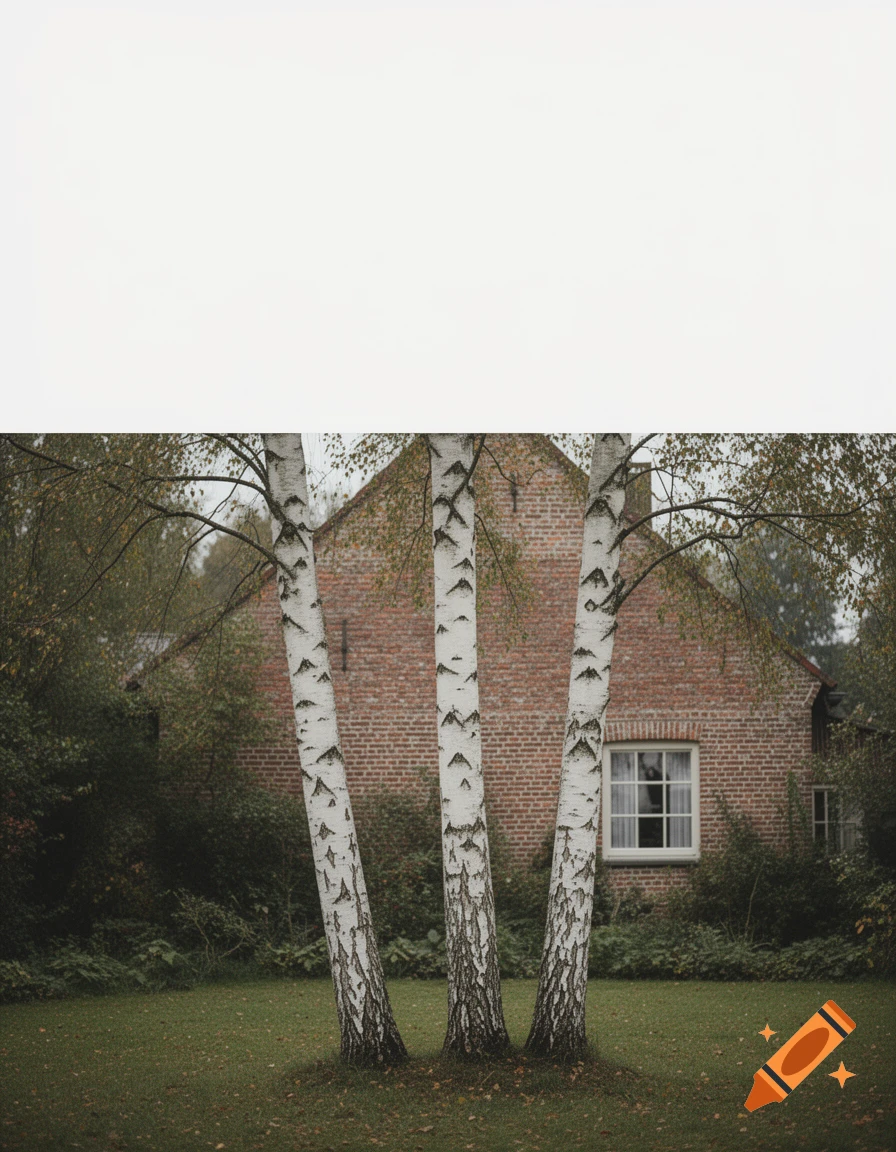 Photorealistic image of three white birch trees in a Flemish garden with an old brick bungalow in the background, under a muted sky.
