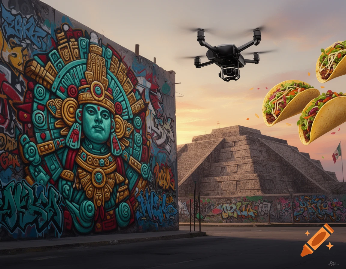 A vibrant Aztec god mural on a graffiti-covered wall, with a drone flying near tacos over a Mayan pyramid and a Mexican flag at sunset.