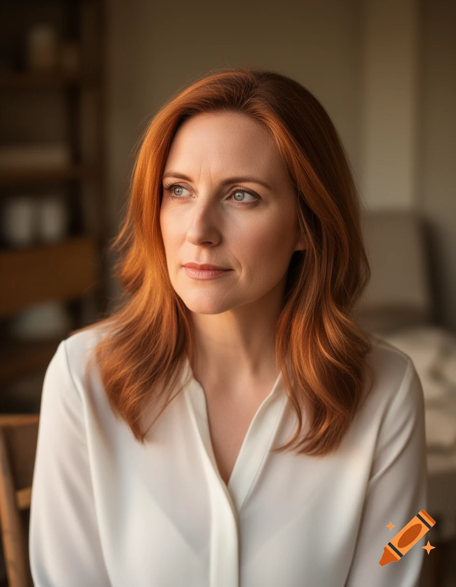 A fair-skinned woman with red hair and light eyes looks thoughtfully to the left, wearing a white blouse.