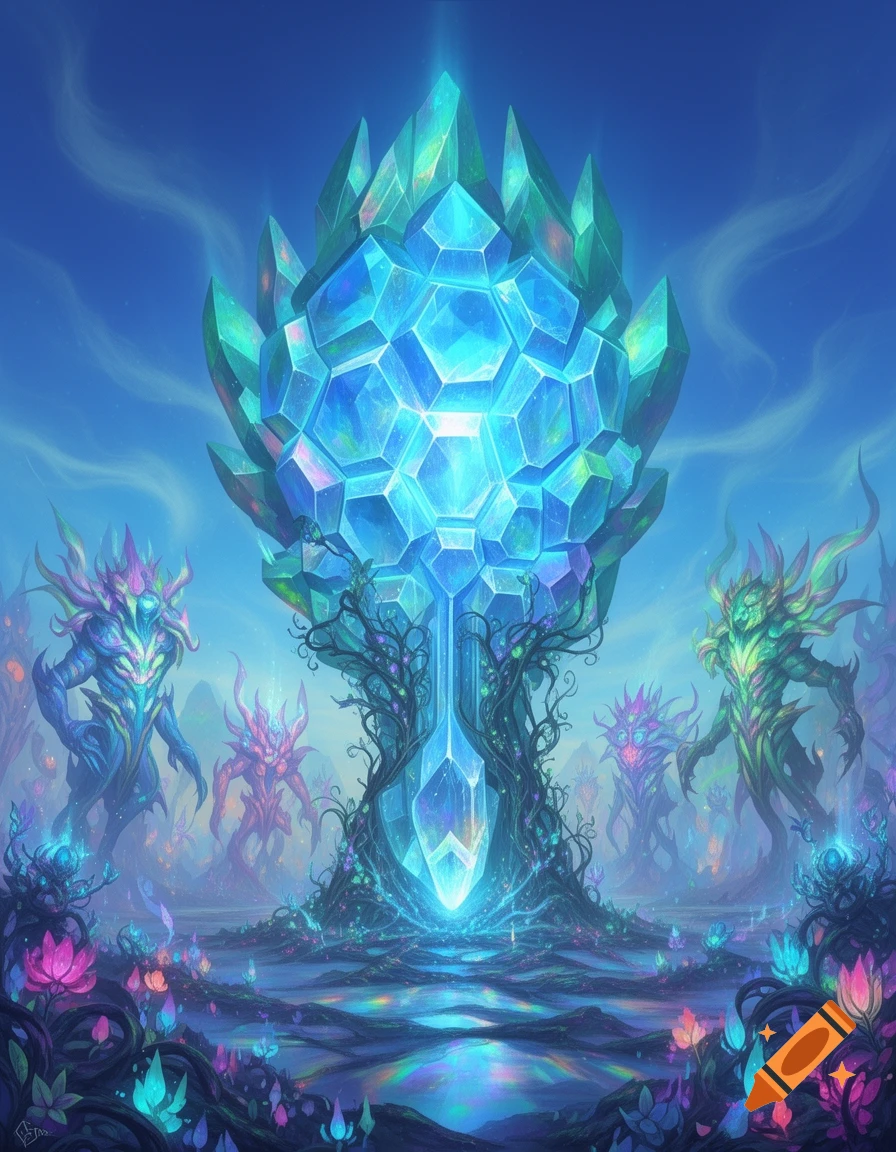 A vibrant fantasy landscape with a large glowing blue crystal surrounded by alien creatures and bioluminescent plants under a blue sky.
