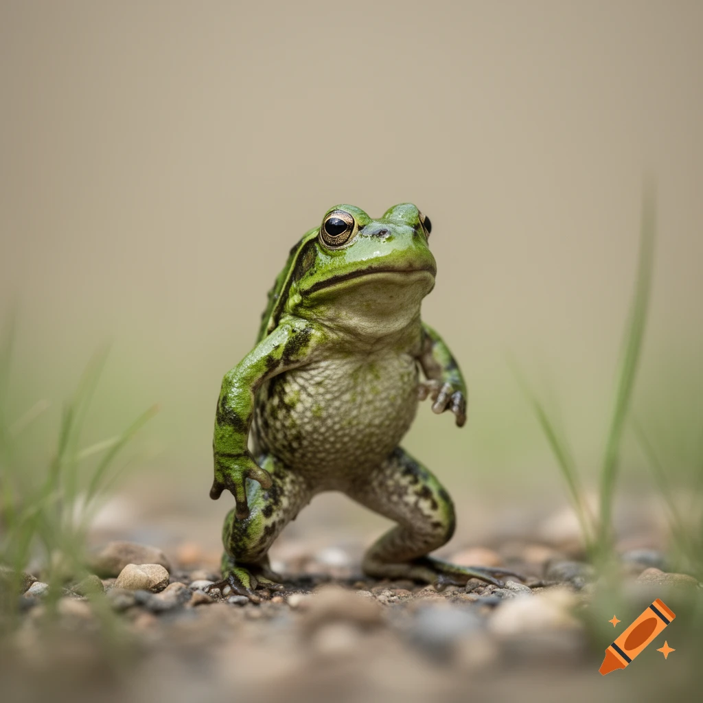 A green and brown frog stands upright on a rocky path, looking directly forward, in a photorealistic style.
