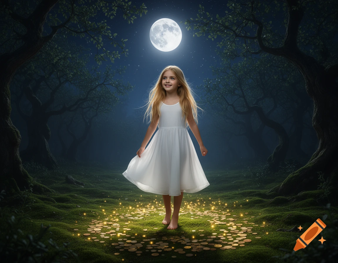 A young girl in a white dress stands in a magical forest at night, under a full moon, with glowing golden coins on the mossy ground.