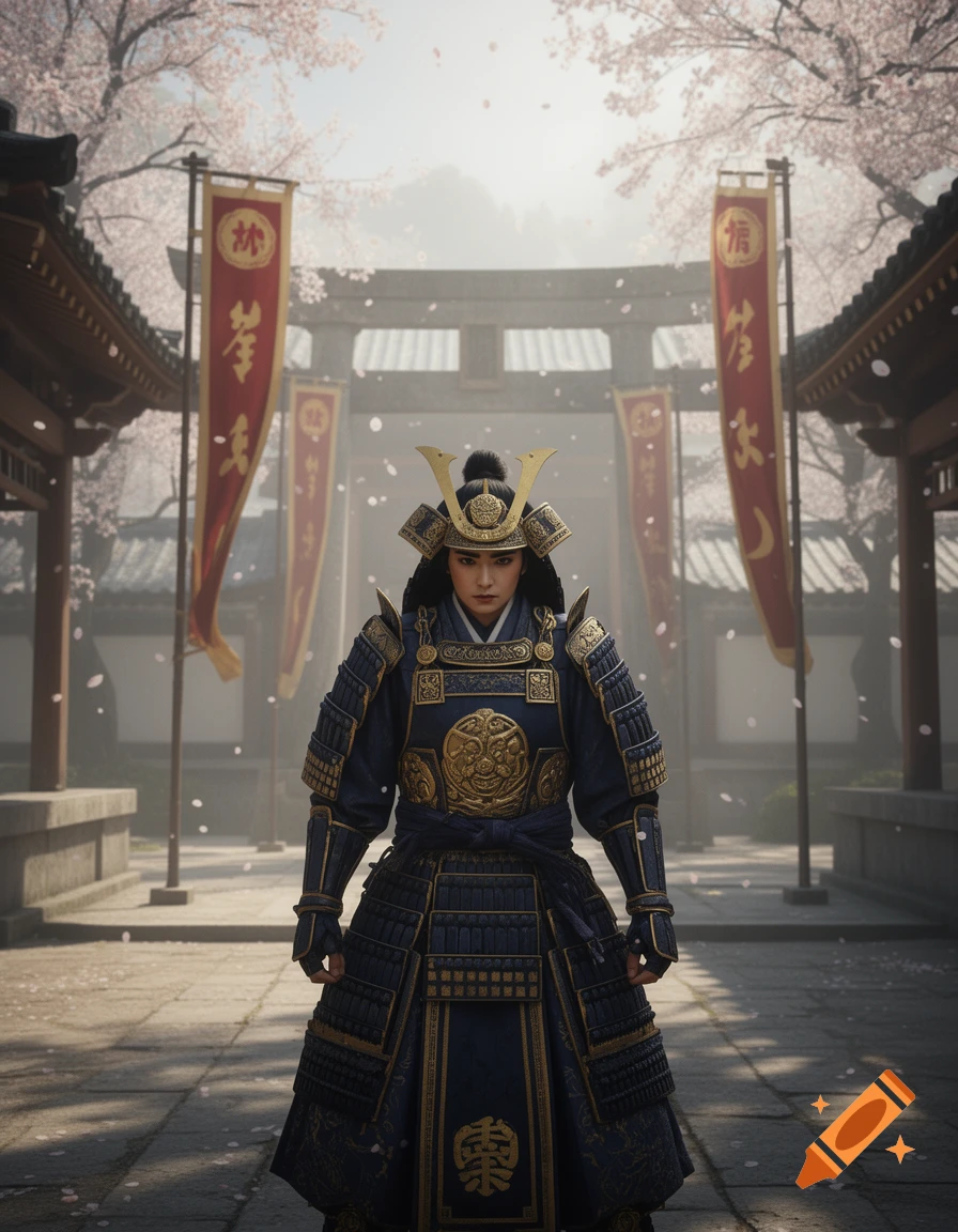 A samurai in ornate blue and gold armor stands in a Japanese temple courtyard under falling cherry blossoms.
