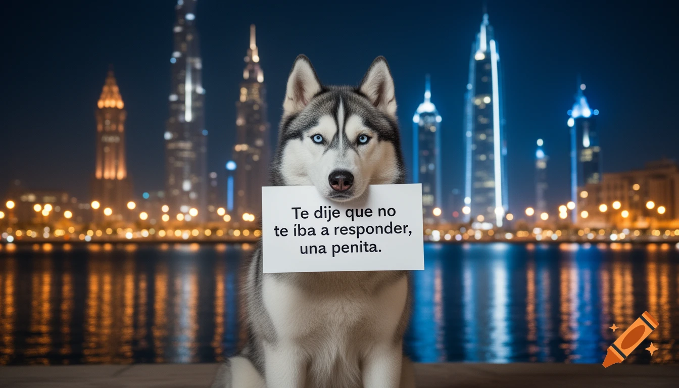 A photorealistic Siberian husky with blue eyes sits in front of the illuminated Dubai Marina skyline at night, holding a sign with Spanish text.