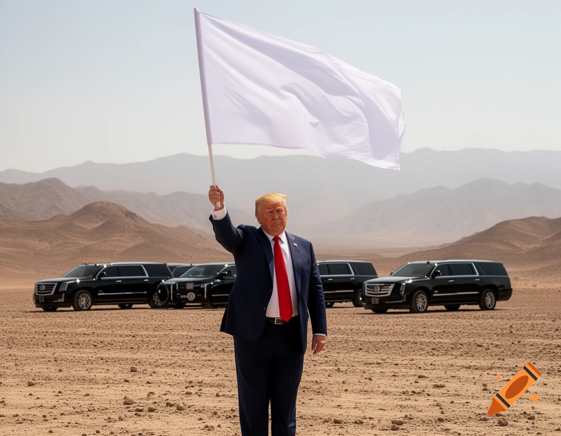 Donald Trump in a suit holds a white flag in a rocky desert with mountains and black SUVs in the background. Photorealistic.