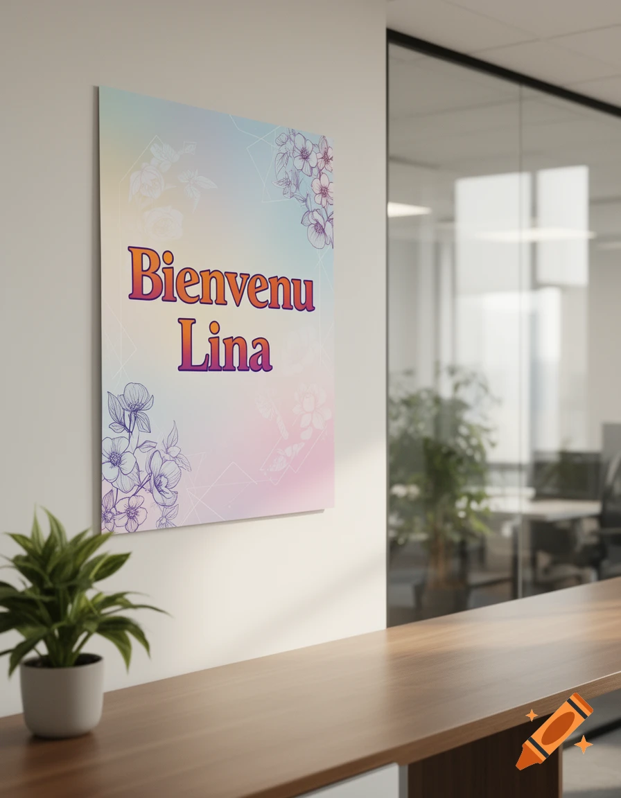 A pastel-colored welcome sign with "Bienvenu Lina" in orange and purple text hangs on a white wall in a modern office with a potted plant on a wooden desk.