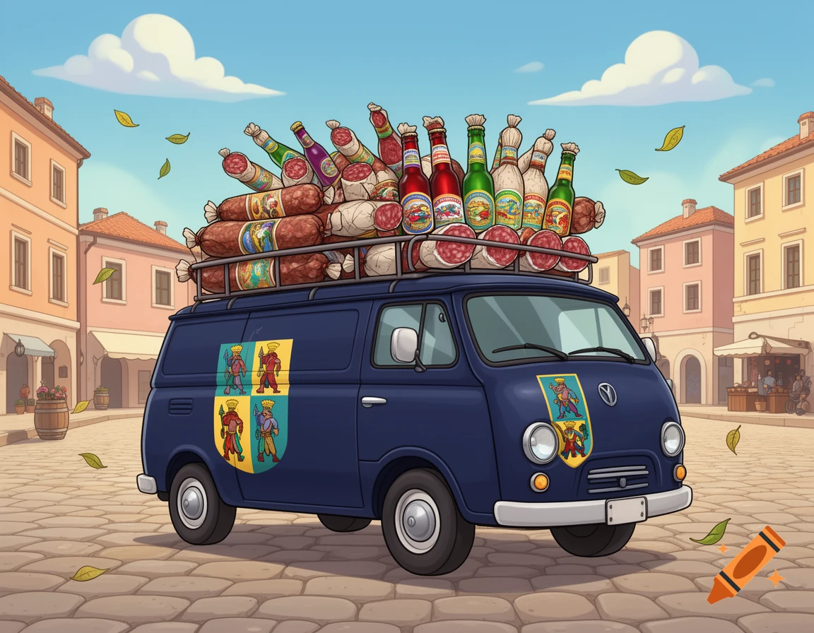 A cartoon dark blue van loaded with salami and beer bottles drives on a cobbled street in a quaint European village.