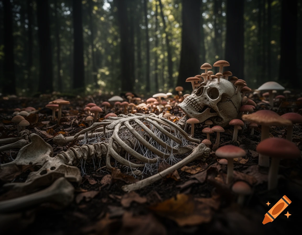 A photorealistic low-angle view of an ancient skeleton lying on a dark forest floor, covered in various mushrooms.