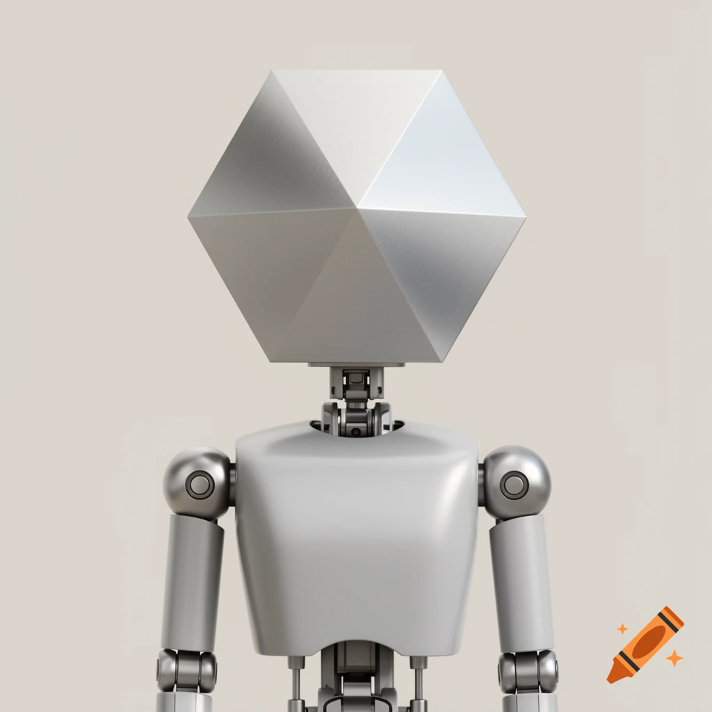 A humanoid robot with a shiny silver hexagonal prism head and a white body with silver jointed arms.