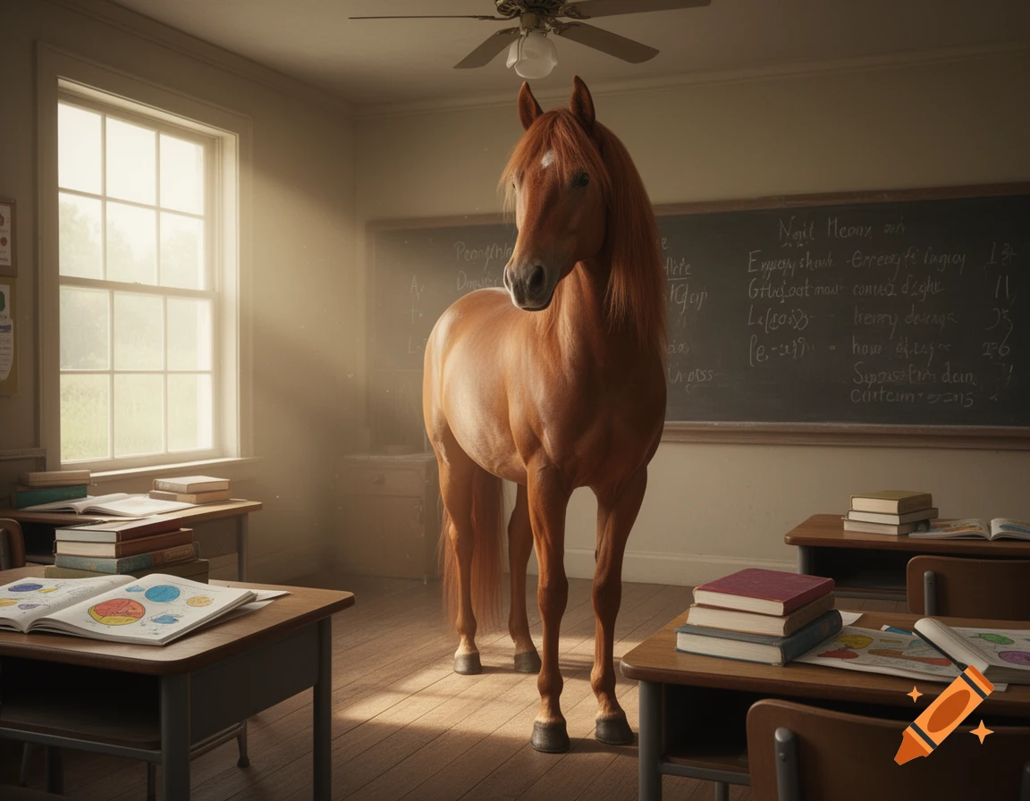 A photorealistic brown horse stands in the center of a sunlit classroom filled with wooden desks and a blackboard.
