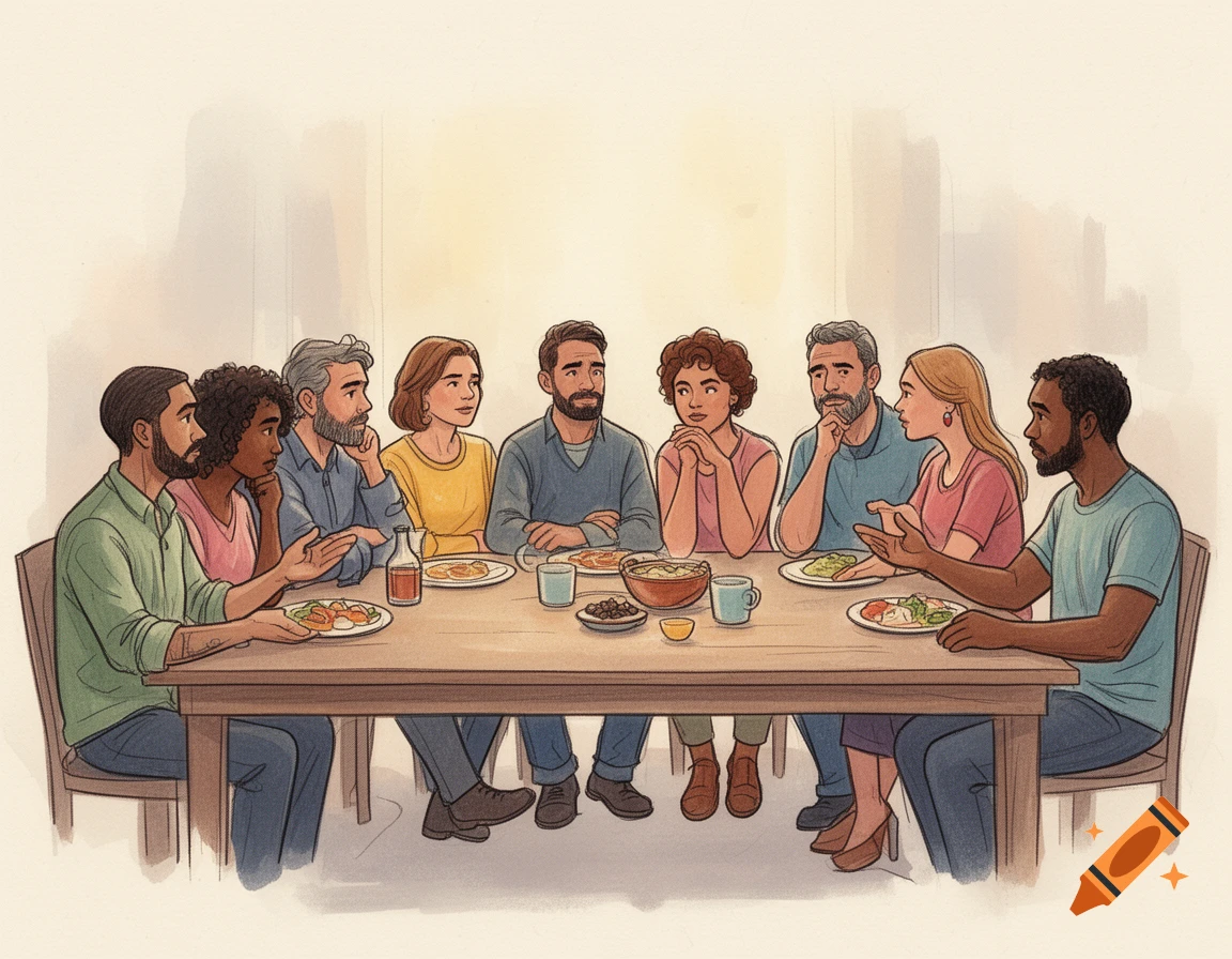 An illustration of a diverse group of eight adults, men and women, gathered around a wooden table, eating and engaged in conversation. The scene has a convivial yet serious atmosphere with simple watercolor style background.