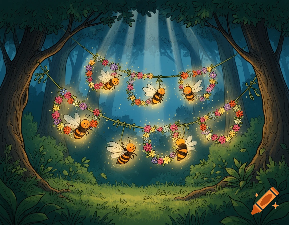 Six glowing cartoon bees hang on colorful flower garlands in an enchanted comic-style forest with light rays.