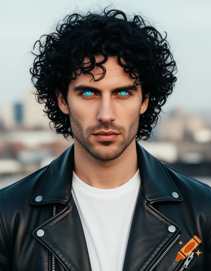 Photorealistic portrait of a man with dark curly hair and bright blue eyes, wearing a black leather jacket and white t-shirt, outdoors.