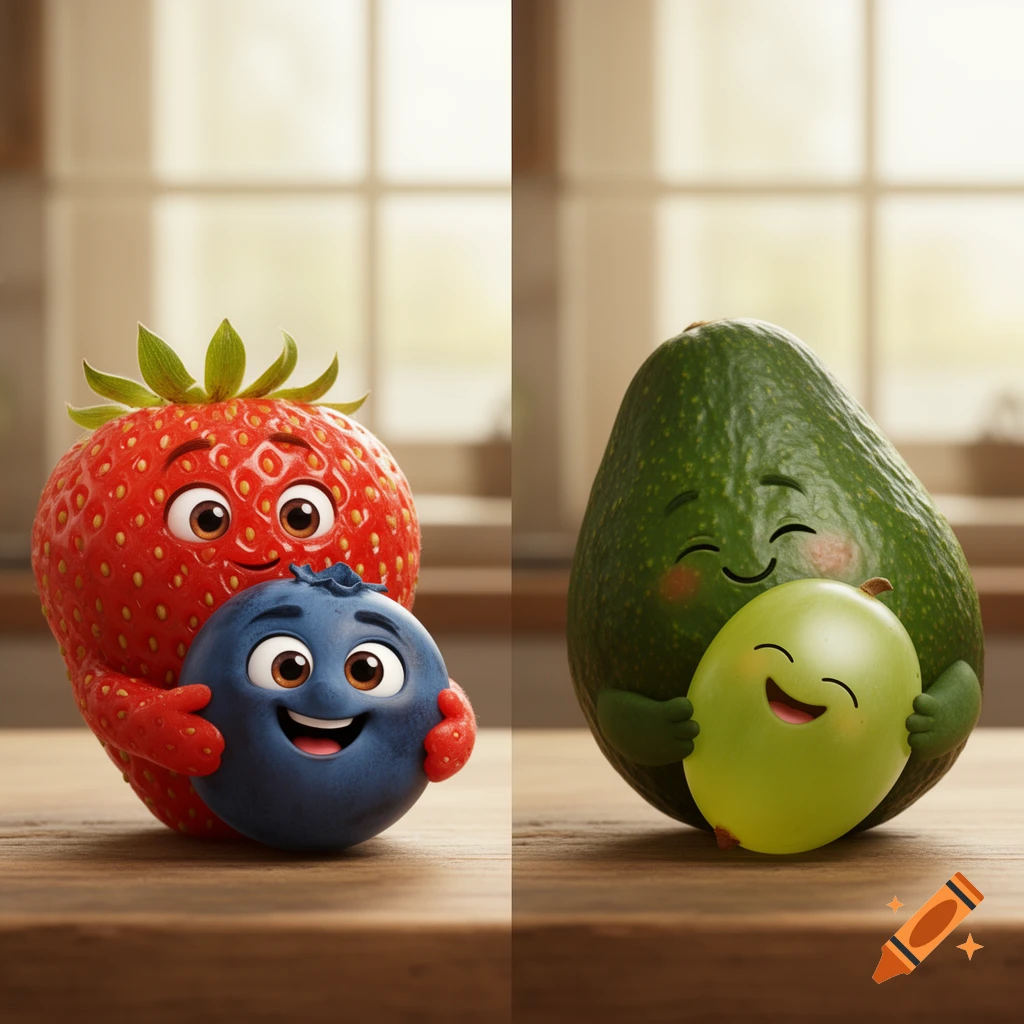 Two cartoon scenes: a smiling strawberry hugs a blueberry, and a happy avocado hugs a grape, all with cute faces.