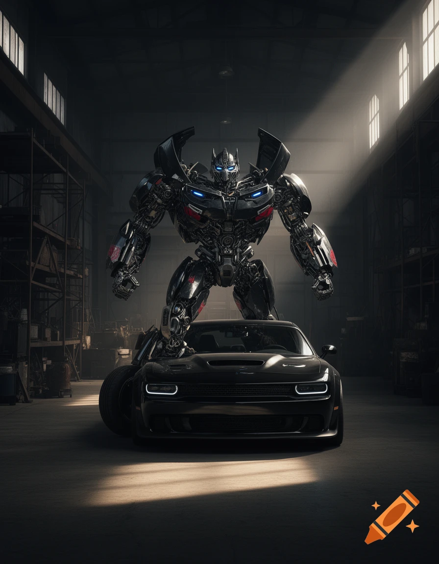 A black Transformer robot stands over a black Dodge Challenger Demon in a dimly lit garage, photorealistic style.