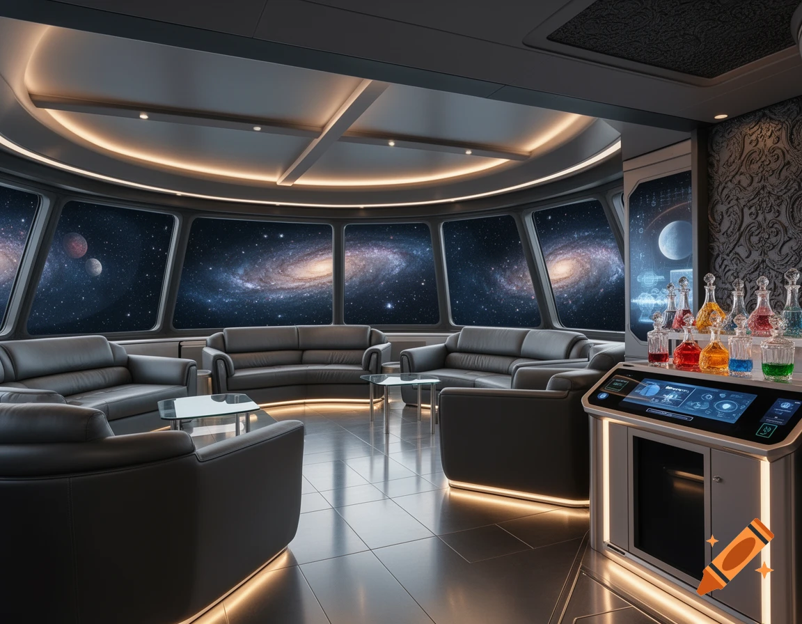 A luxurious spaceship lounge with large windows displaying a galaxy and planets, featuring black leather sofas, glass tables, and a high-tech console with colorful decanters.