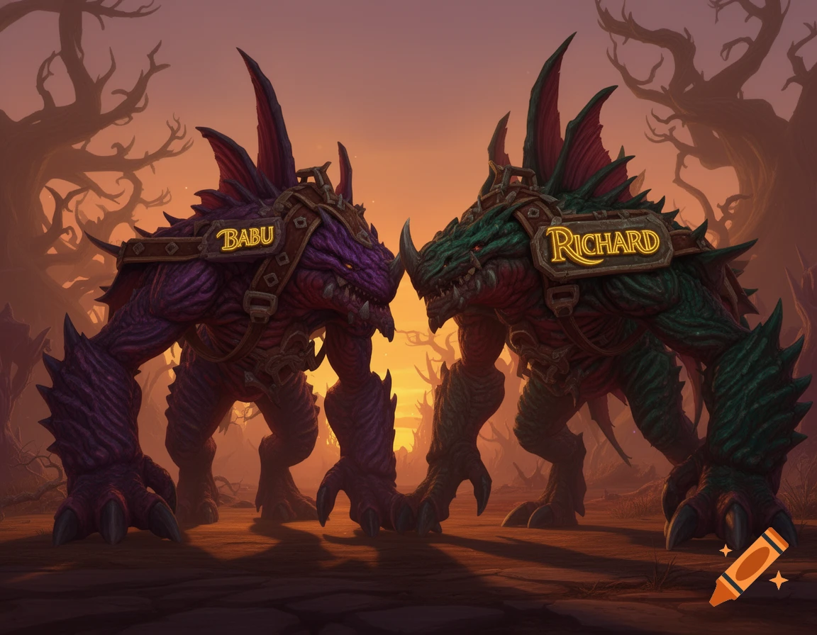 Two fantasy ravagers, Babu (purple) and Richard (green), stand in a gnarled forest at sunset, in a detailed game art style.