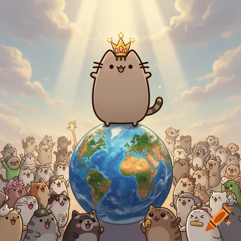 Pusheen the cat, wearing a gold crown, stands on a cartoon Earth, surrounded by many other happy cartoon cats under a sunny sky.