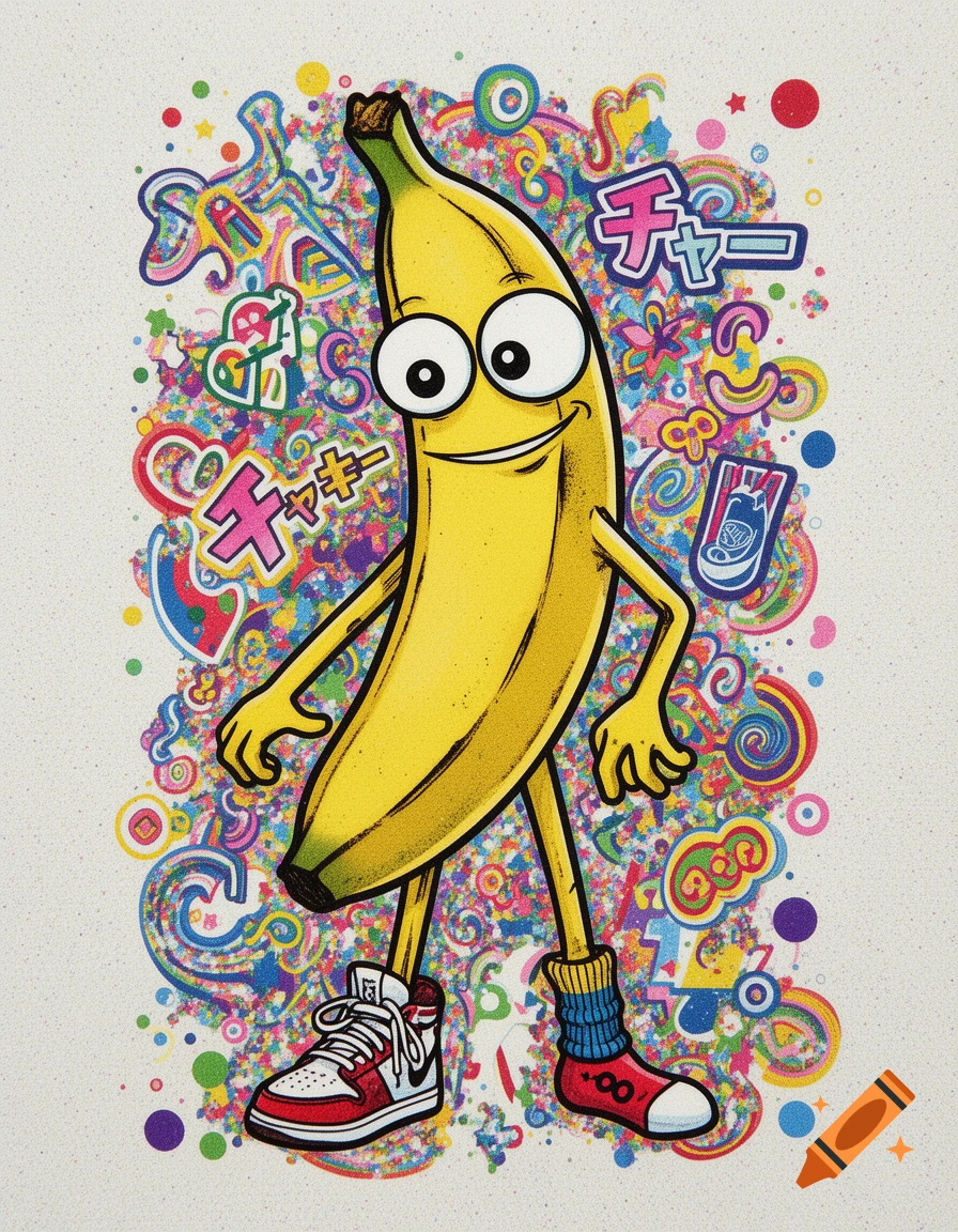A smiling, anthropomorphic banana character with large eyes, wearing one sneaker and one sock, stands against a vibrant, chaotic pop art background with Japanese text.