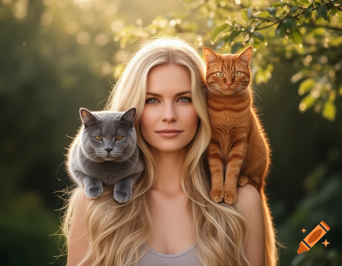 Blonde woman with a grey cat on one shoulder and an orange cat on the other, bathed in golden sunlight outdoors.