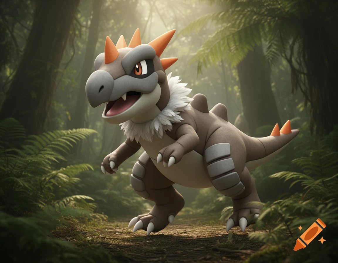 A stylized brown and gray Pokémon, Tyrunt, with orange spikes and a white ruff, stands in a lush jungle.