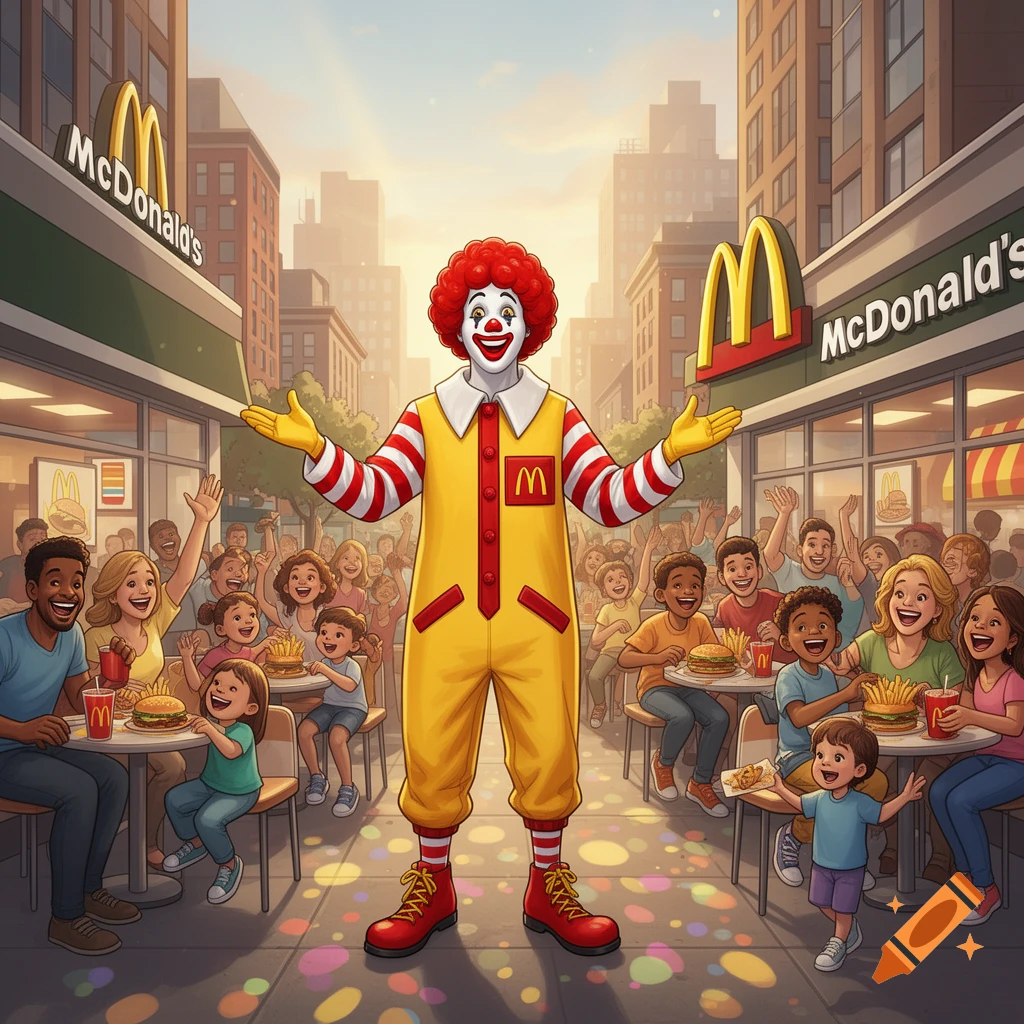 Ronald McDonald stands smiling on a city street between two McDonald's restaurants, surrounded by happy people eating fast food.