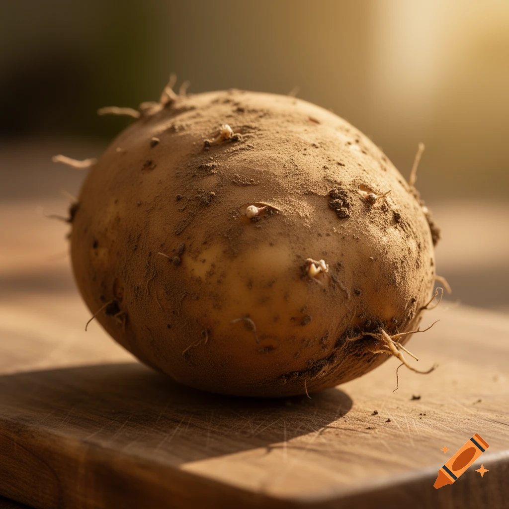 Close-up photorealistic shot of a dirt-covered potato with small sprouts on a wooden cutting board, bathed in sunlight.
