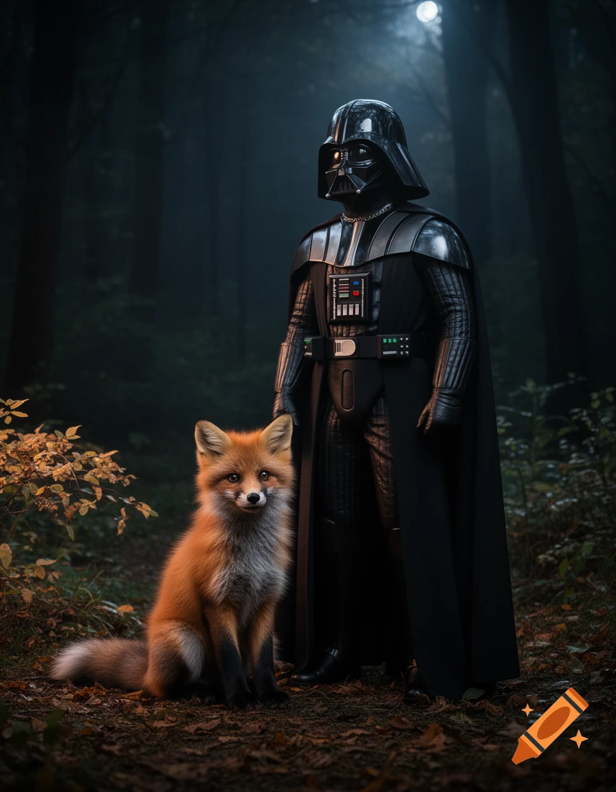 Darth Vader stands in a dark, moonlit forest next to a small, adorable fox, photorealistic.