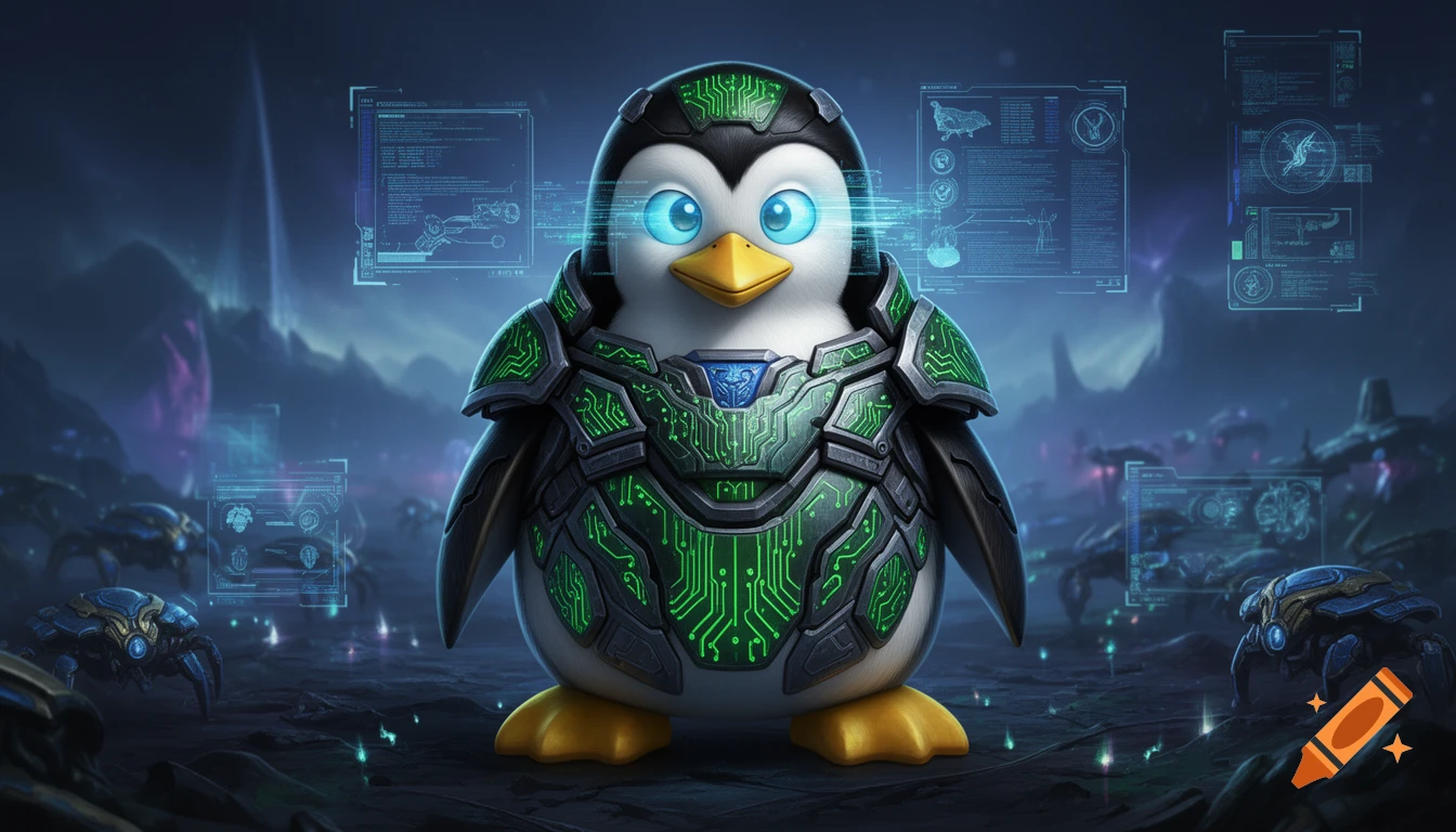 A cute cartoon penguin, Tux, in futuristic green and black armor with glowing blue eyes, stands on a dark alien planet with holographic displays and small crab-like creatures.
